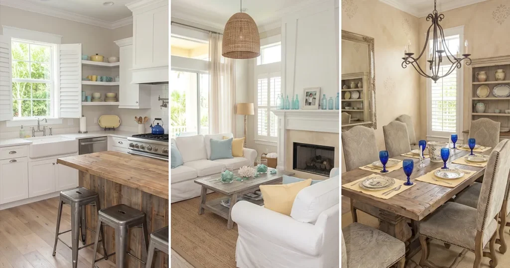 Interior design styles collage showing modern farmhouse, coastal, and old world rooms by Lisa Marie Design Co.