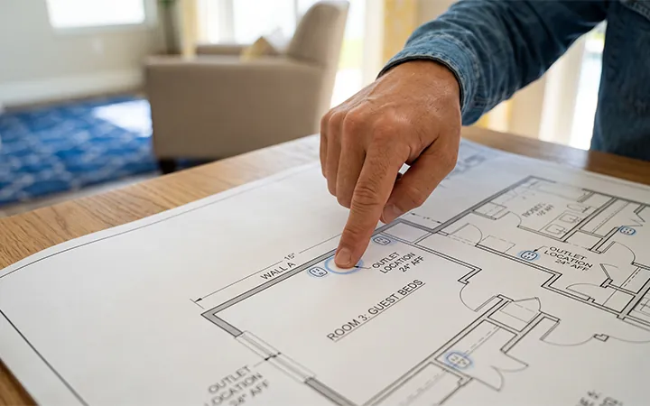 Interior designer reviewing a floor plan for wall placement and traffic flow in a Sarasota home.