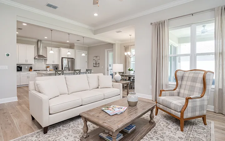 Transitional interior design style blending traditional and contemporary elements.